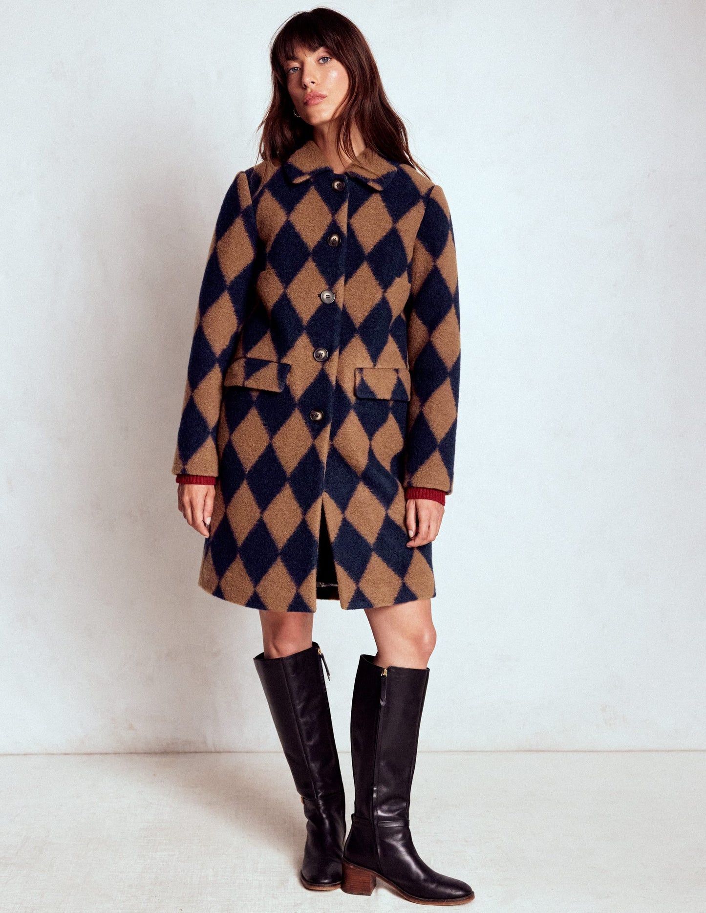 Edinburgh Swing Coat-Camel and Navy Argyle