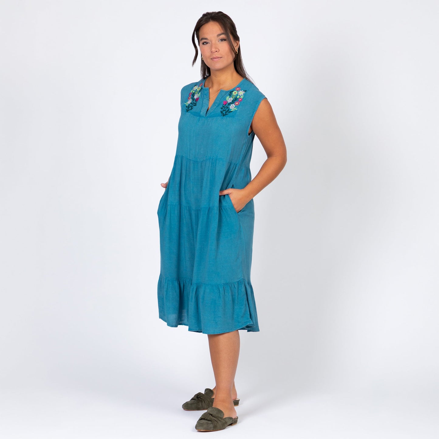 Stonewashed Paw Embroidered Tiered Sleeveless Dress