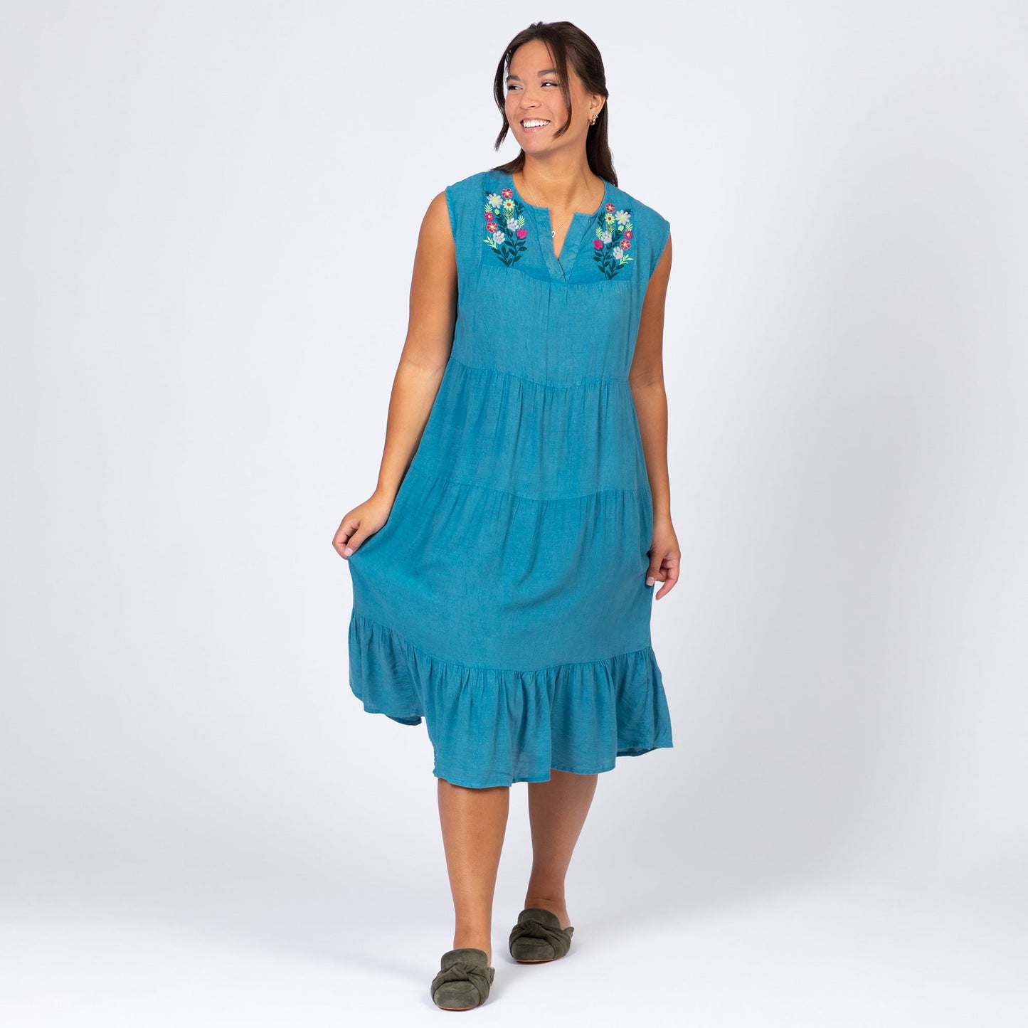 Stonewashed Paw Embroidered Tiered Sleeveless Dress