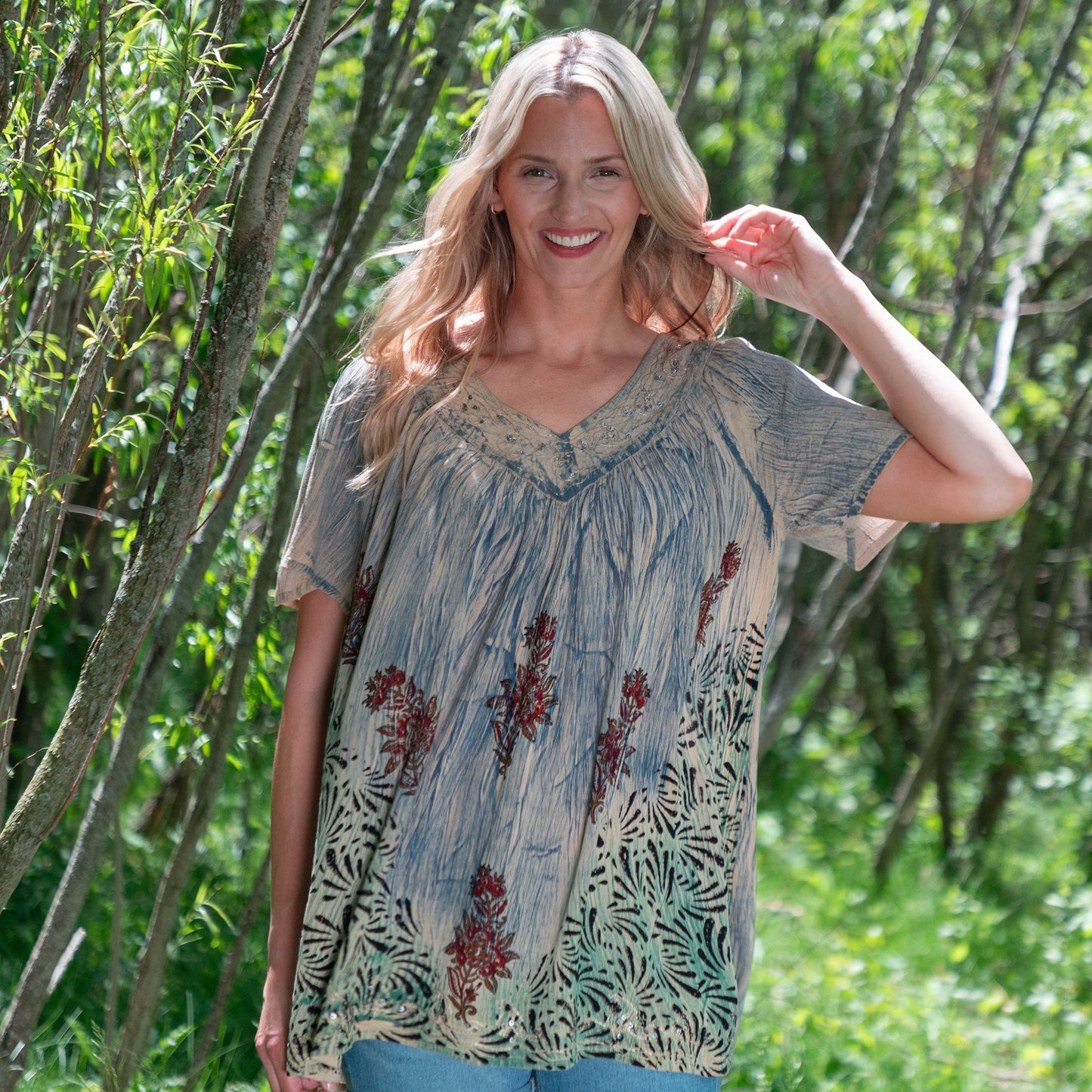 Dusty Pink & Blue Floral Short Sleeve Top