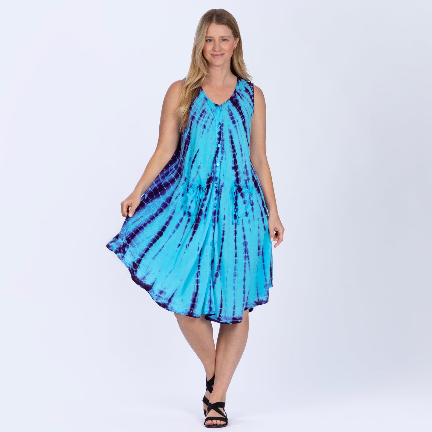 Tie-Dye Button-Up Sleeveless Dress with Pockets