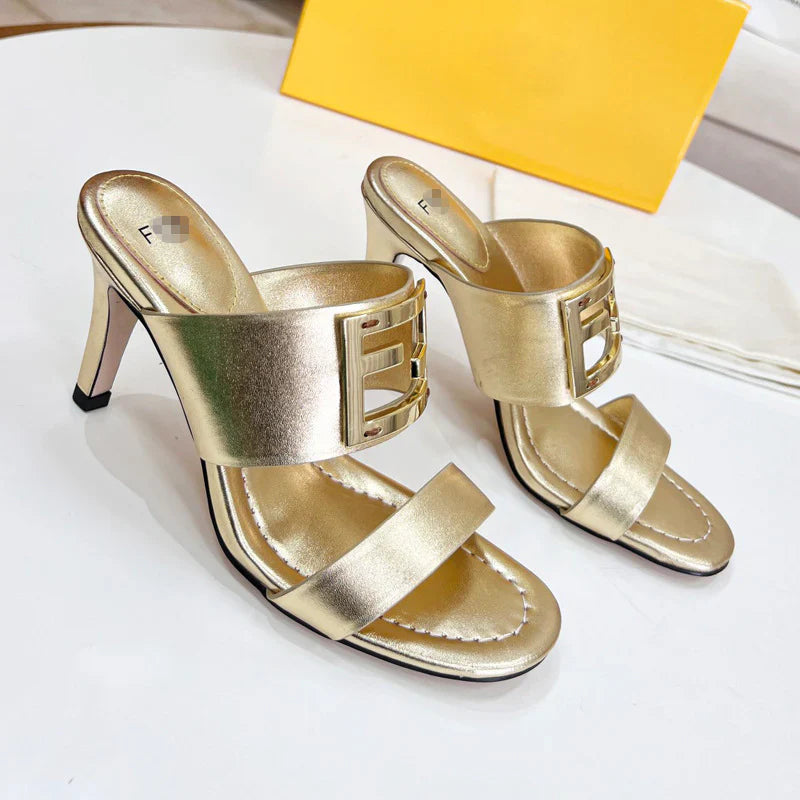 New Leather Metal Buckle High Heel Slippers 1025040209