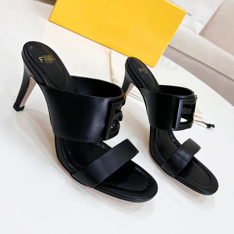 New Leather Metal Buckle High Heel Slippers 1025040209