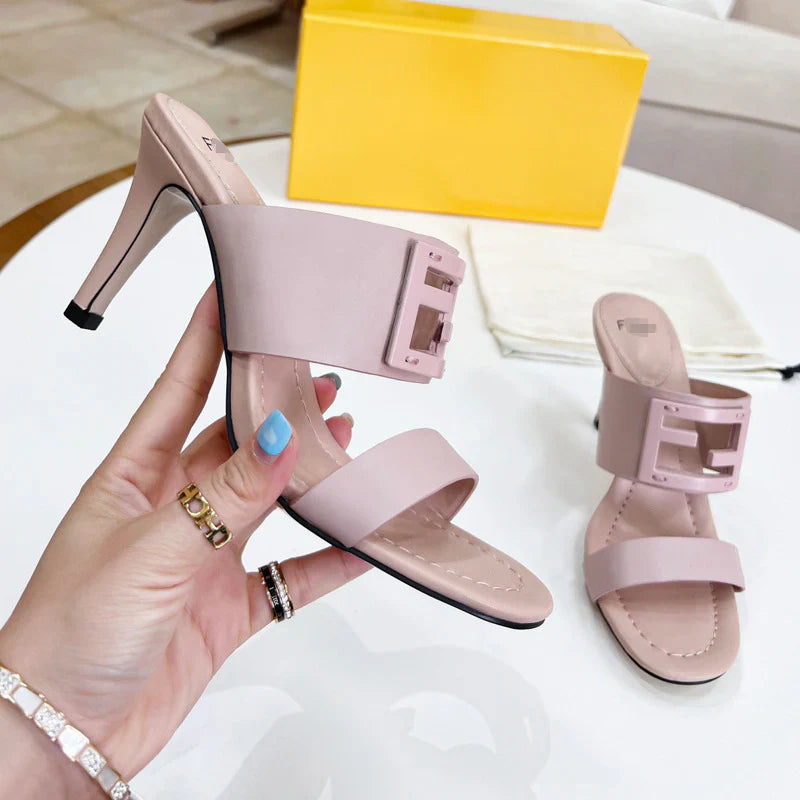 New Leather Metal Buckle High Heel Slippers 1025040209
