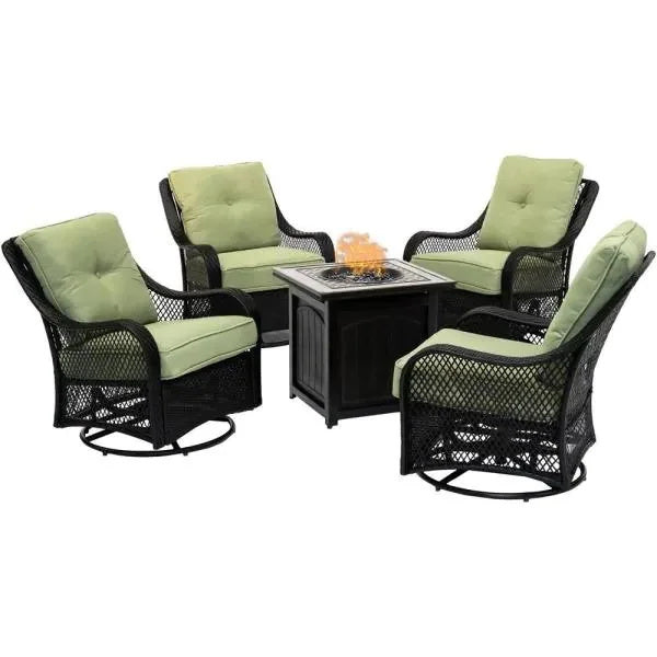 🔥Hot Sale Now🔥 Orleans 5-Piece Steel Patio Fire Pit Conversation Set with Navy Blue Cushions, Swivel Gliders and Square Fire Pit Table