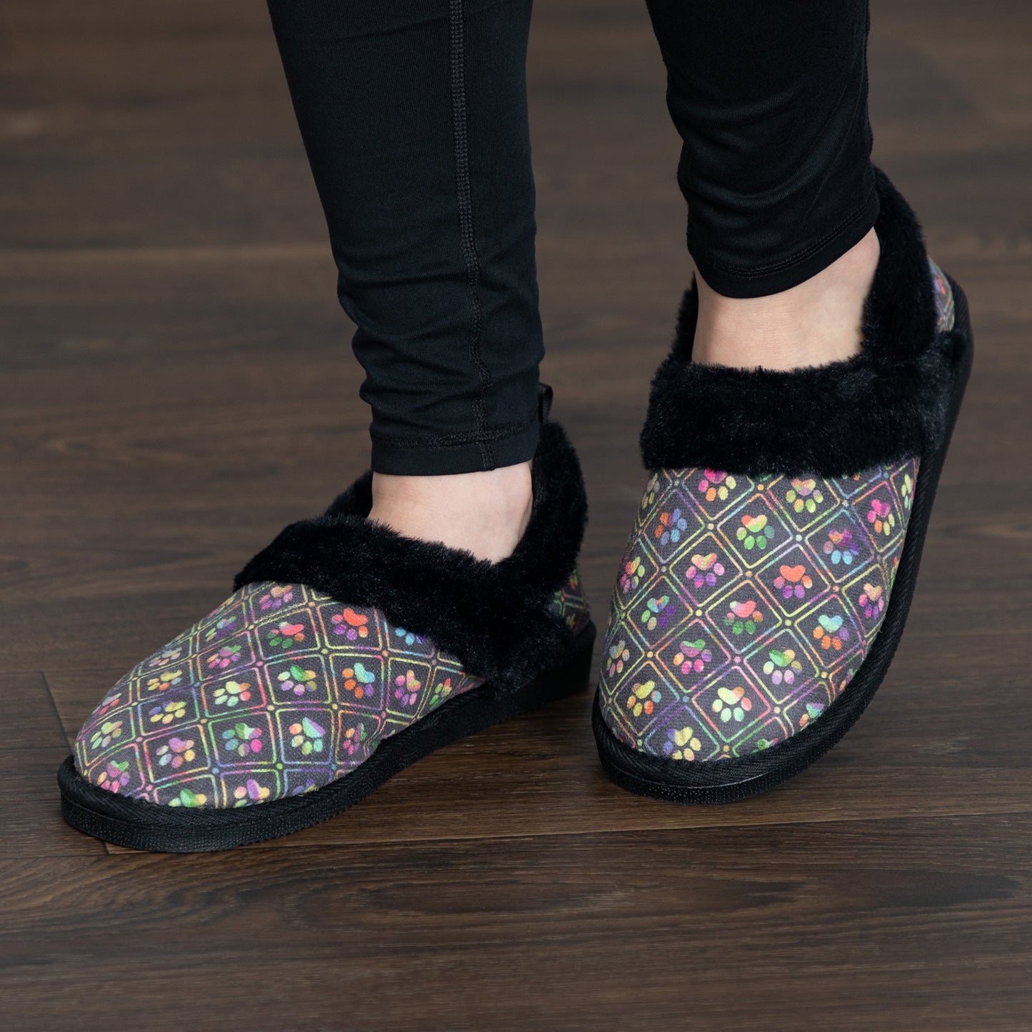Paw Print Faux Fur Lined Indoor/Outdoor Slipper Shoes
