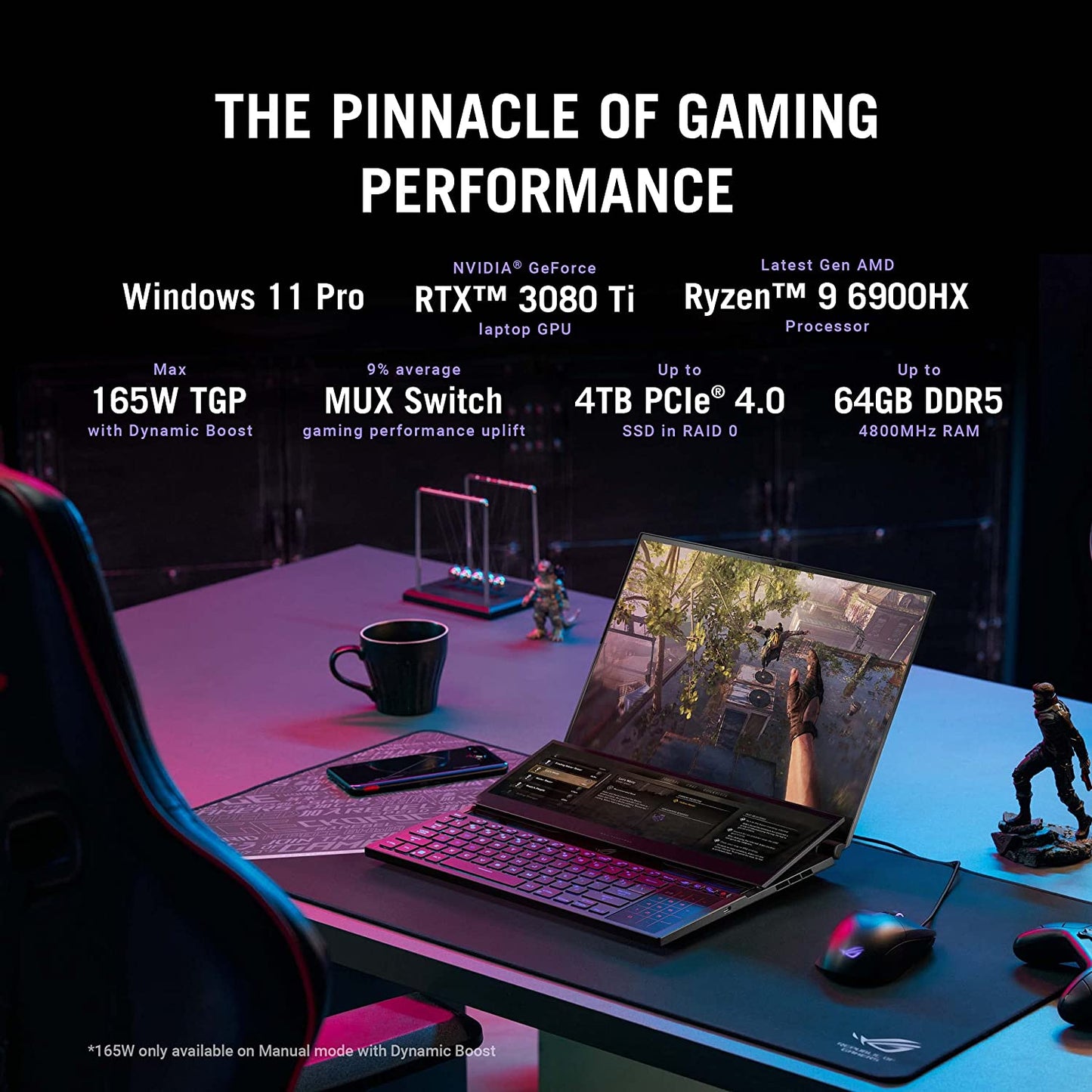 ASUS ROG Zephyrus Duo 16 (2022) Gaming Laptop, 16” Mini LED 240Hz/3ms, QHD 16:10 Display, 100% DCI-P3, NVIDIA GeForce RTX 4080, AMD Ryzen 9 7945HX, 32GB DDR5, 1TB SSD, Windows 11 Pro, GX650PZ-XS96
