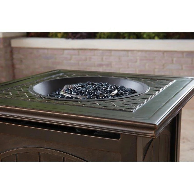 🔥Hot Sale Now🔥 Orleans 5-Piece Steel Patio Fire Pit Conversation Set with Navy Blue Cushions, Swivel Gliders and Square Fire Pit Table