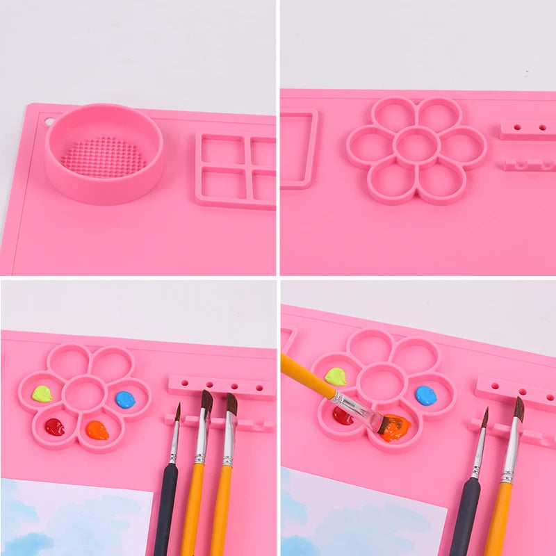 Silicone Painting Mat Kids Art Crafts Pads with Cup and Paint Brush Holder Palette DIY Handmade Mat