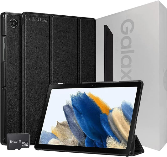2022 Galaxy Tab A8 10.5” Inch 32 GB Wi-Fi Android 11 Touchscreen International Tablet Bundle – MDTec Hard Back Tri-Fold Stand Cover Case and 64GB microSD Card [Gray]