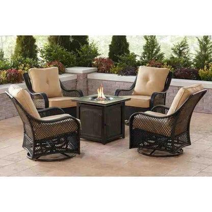 🔥Hot Sale Now🔥 Orleans 5-Piece Steel Patio Fire Pit Conversation Set with Navy Blue Cushions, Swivel Gliders and Square Fire Pit Table