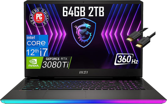 MSI GE77HX Raider 17.3" 360Hz (Intel 12th Gen i7-12800HX, NVIDIA GeForce RTX 3080 Ti 16GB 175W, 64GB DDR5 RAM, 4TB PCIe SSD) FHD Thin Bezel Gaming Laptop, Thunderbolt 4, RGB Backlit, Win 11 Home