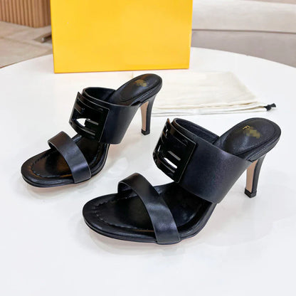 New Leather Metal Buckle High Heel Slippers 1025040209