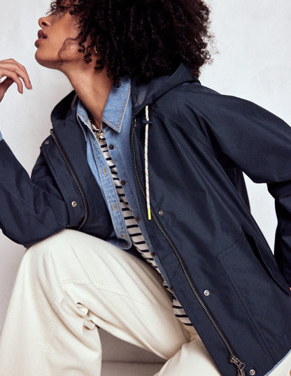 Cropped Rain Mac-Navy