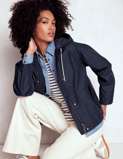 Cropped Rain Mac-Navy