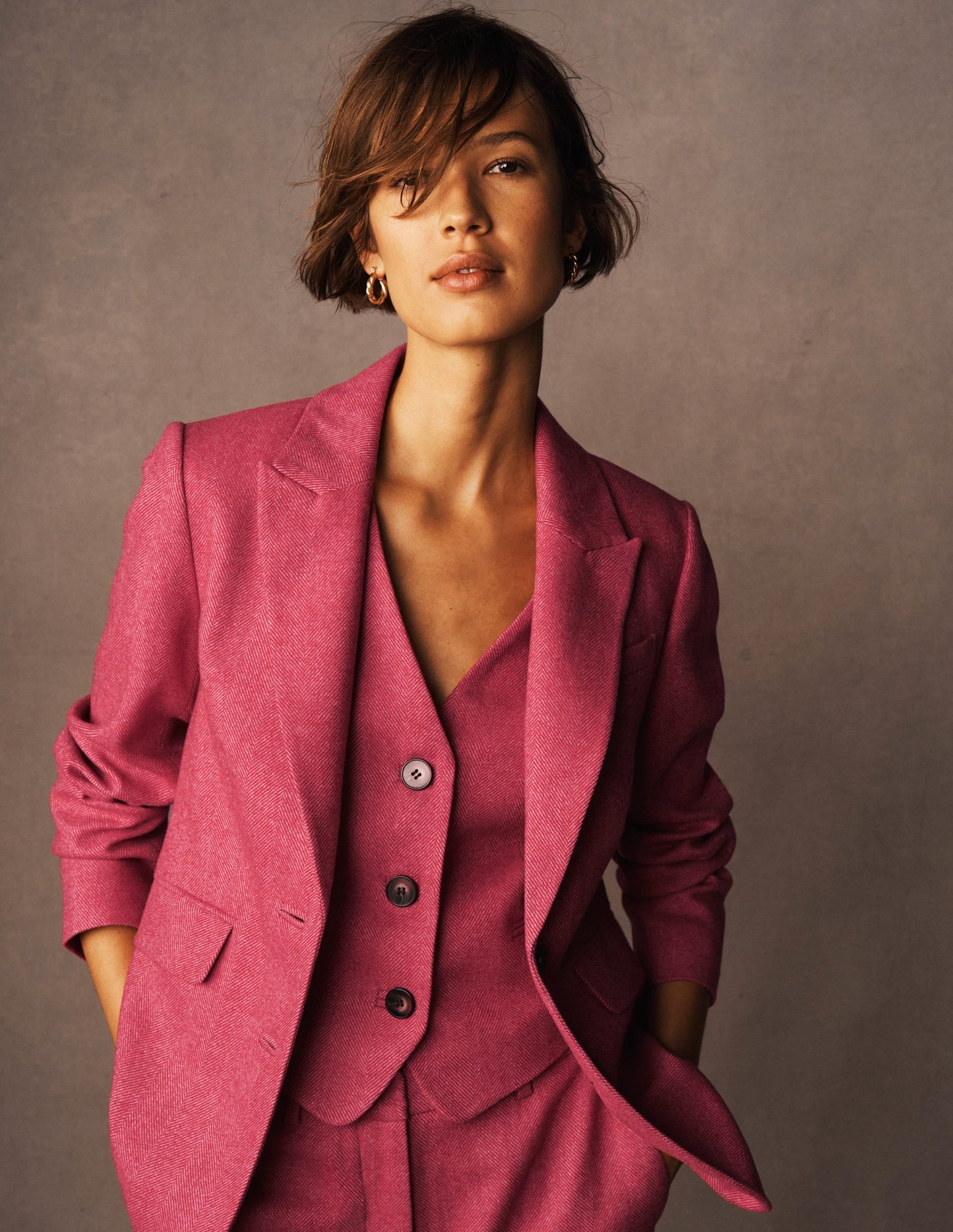 Stamford Wool-Blend Blazer-Pink Herringbone