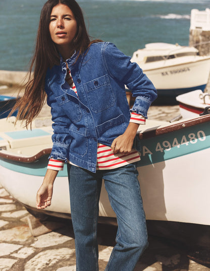 Denim Frill Collar Jacket-Mid Wash