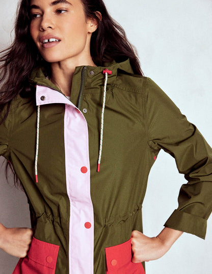 Longline Rain Mac-Khaki Colourblock