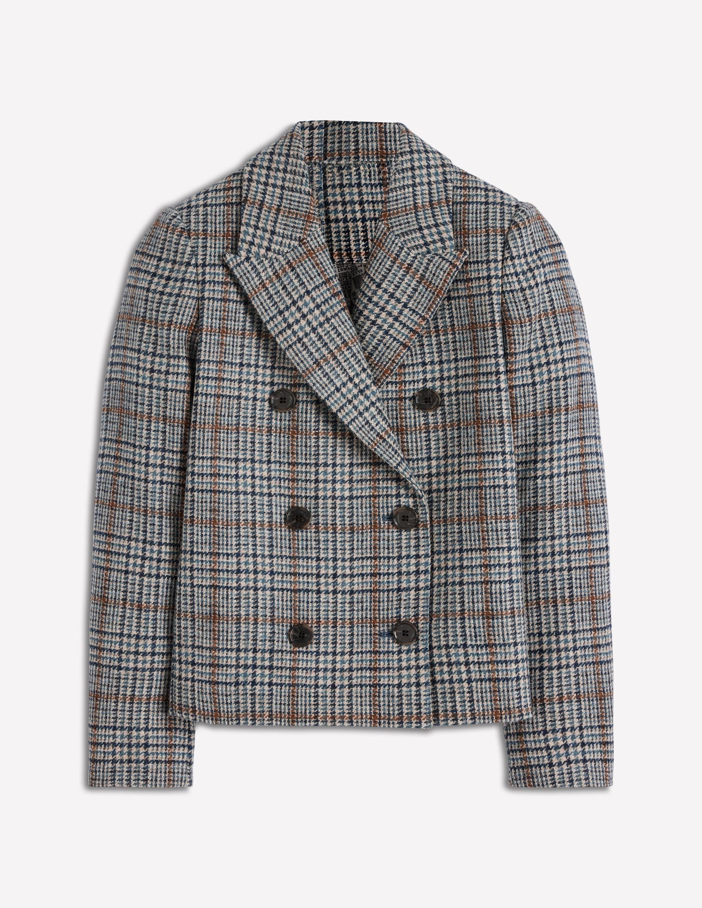 Boxy Double Breasted Blazer-Blue, Grey Check