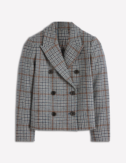 Boxy Double Breasted Blazer-Blue, Grey Check