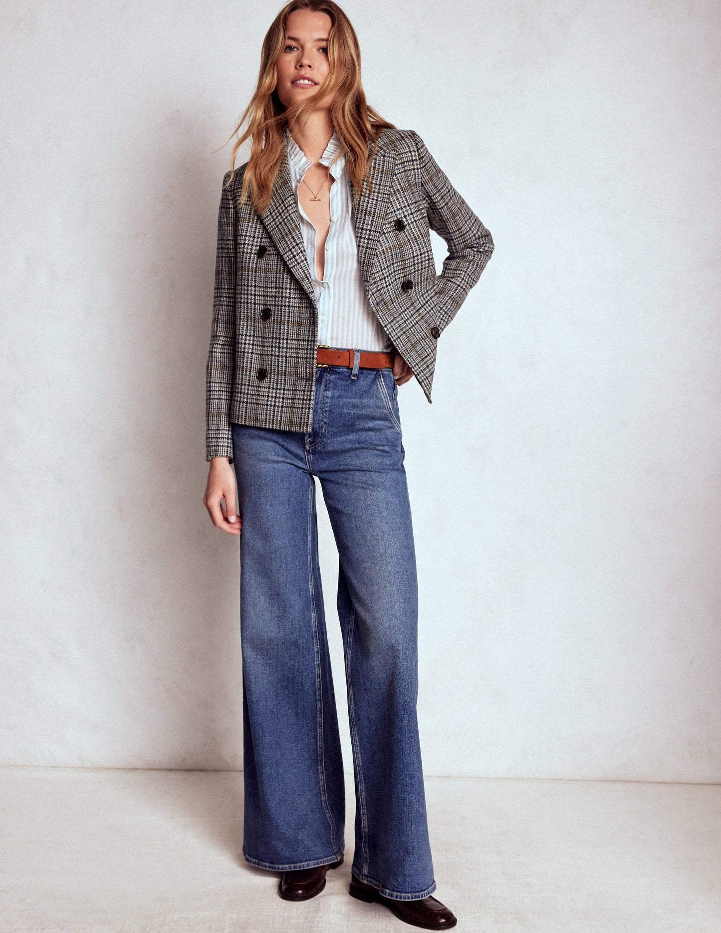 Boxy Double Breasted Blazer-Blue, Grey Check
