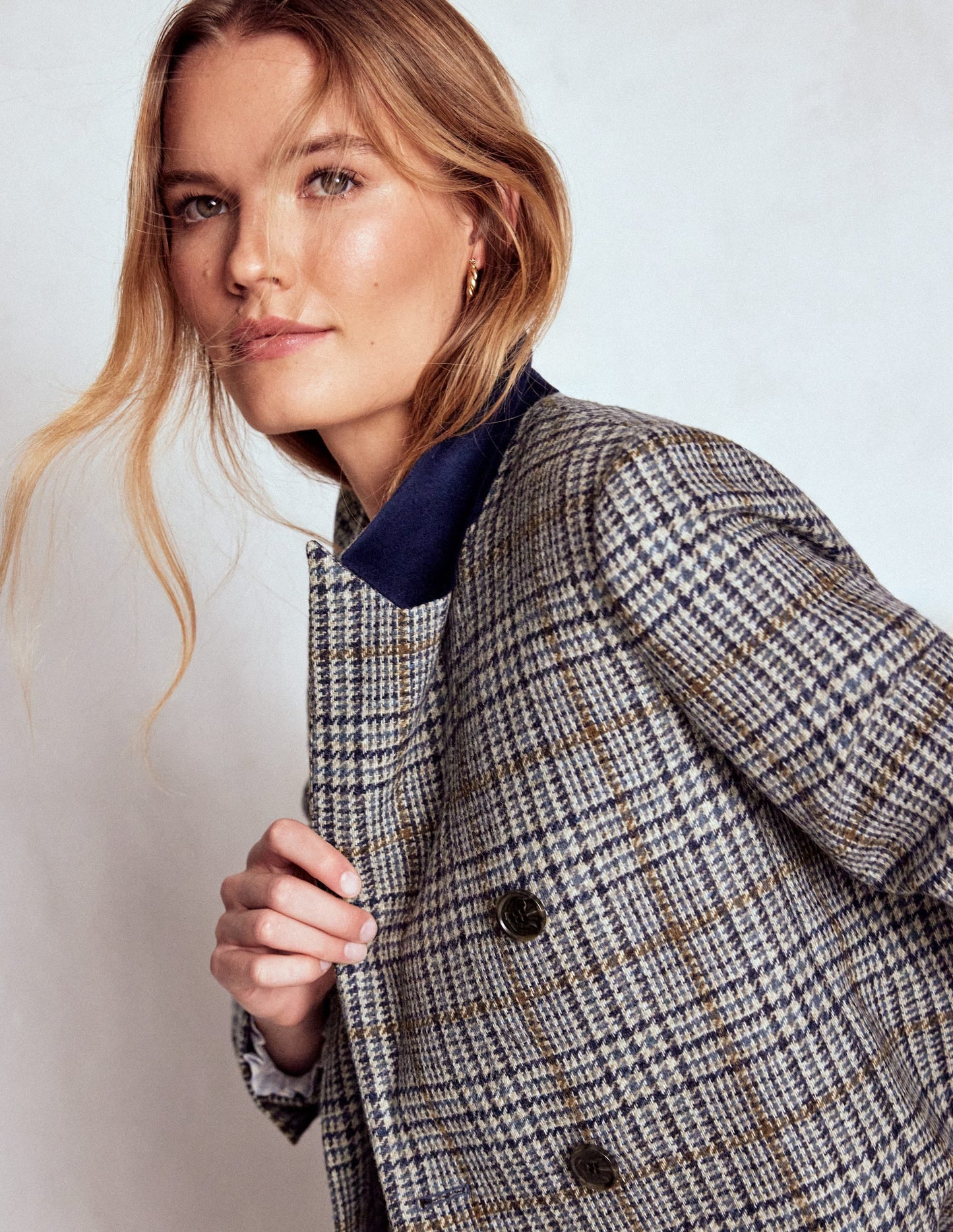 Boxy Double Breasted Blazer-Blue, Grey Check