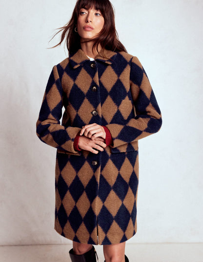 Edinburgh Swing Coat-Camel and Navy Argyle