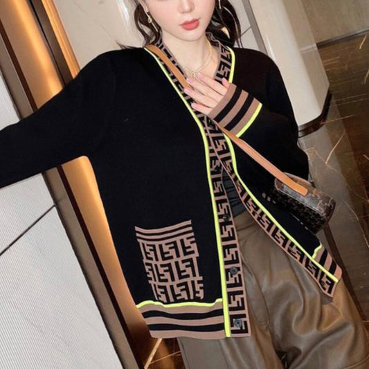 F Jacquard Striped Color Block V-neck Sweater 0823120706