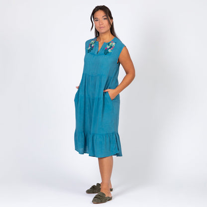 Stonewashed Paw Embroidered Tiered Sleeveless Dress