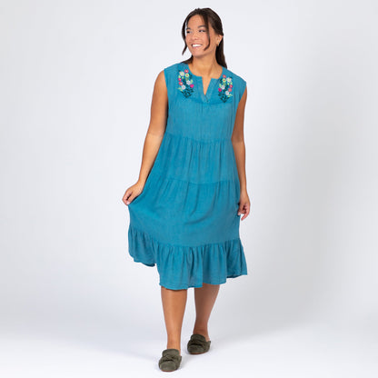 Stonewashed Paw Embroidered Tiered Sleeveless Dress