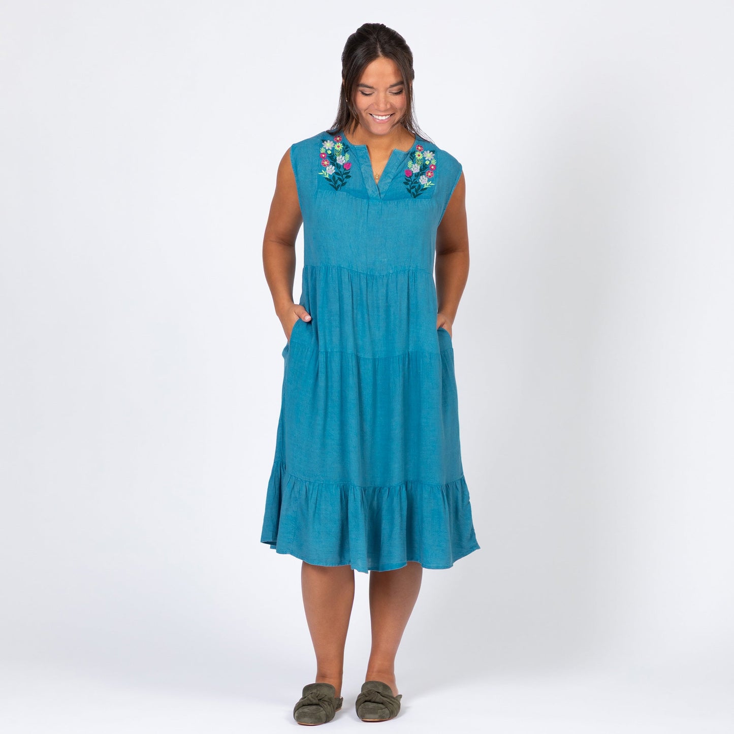 Stonewashed Paw Embroidered Tiered Sleeveless Dress