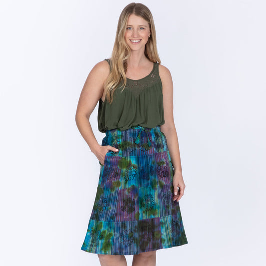 Tie-Dye Patchwork Paw Print Midi Skirt