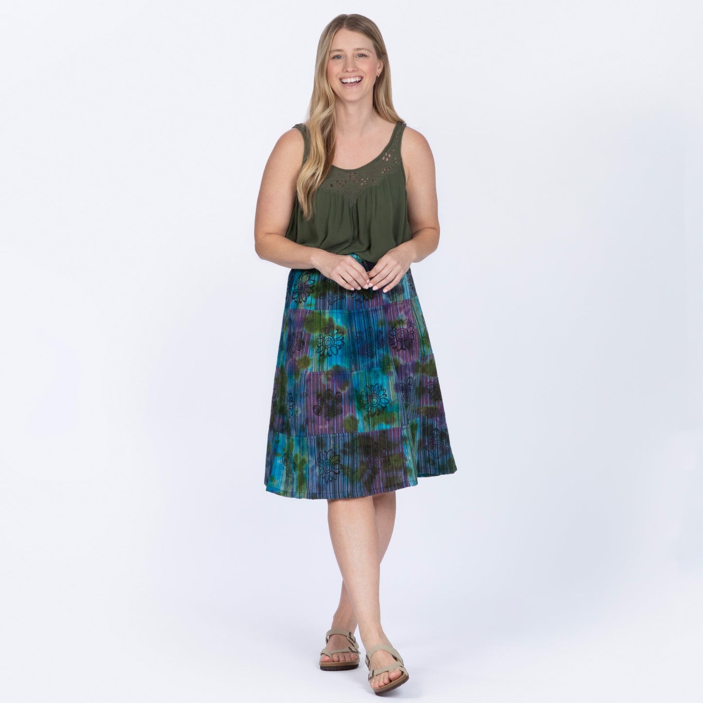 Tie-Dye Patchwork Paw Print Midi Skirt