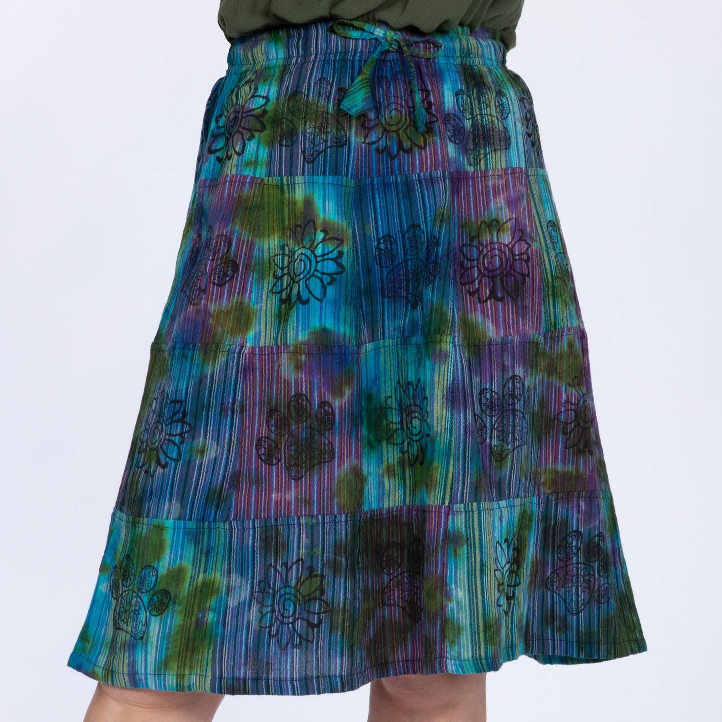 Tie-Dye Patchwork Paw Print Midi Skirt