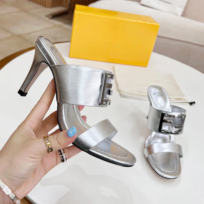 New Leather Metal Buckle High Heel Slippers 1025040209