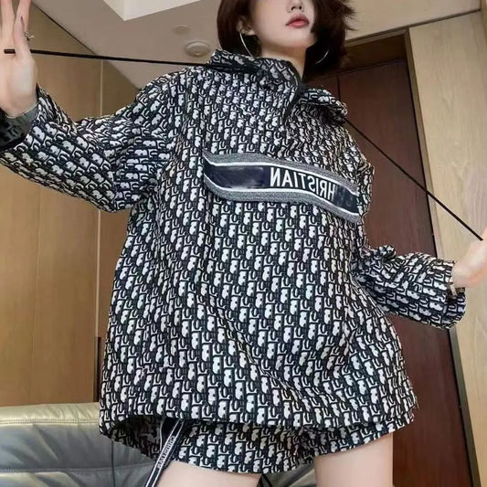 24 new personality print half zipper pullover hooded loose casual hoodie long-sleeved top