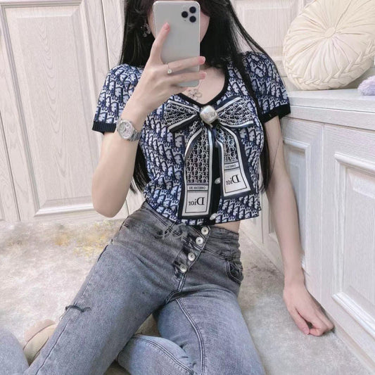 Printed Bow Brooch Short Sleeves PD10041725