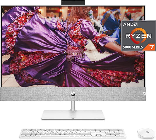 HP Pavilion 27” All-in-One Desktop, AMD Ryzen 7 5700U, 16 GB RAM, 256 GB SSD & 1 TB Hard Drive, Full HD Touchscreen, Windows 11 Home, 5 USB Ports, 5MP Pop-up Camera, Keyboard & Mouse (27-ca0070, 2021)