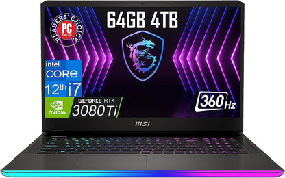 MSI GE77HX Raider 17.3" 360Hz (Intel 12th Gen i7-12800HX, NVIDIA GeForce RTX 3080 Ti 16GB 175W, 64GB DDR5 RAM, 4TB PCIe SSD) FHD Thin Bezel Gaming Laptop, Thunderbolt 4, RGB Backlit, Win 11 Home