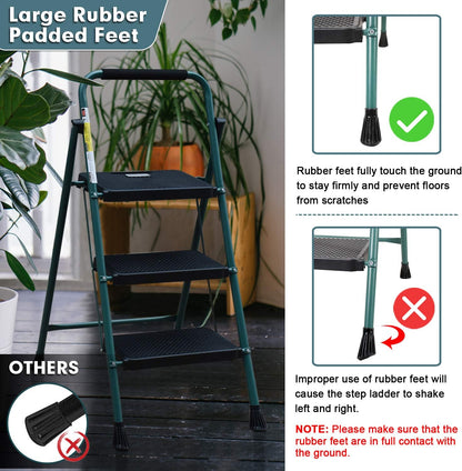 3 Step Ladder, Folding Step Stool with Wide Anti-Slip Pedal, 500lbs Sturdy Steel Ladder, Convenient Handgrip, Lightweight, Portable Steel Step Stool, Black