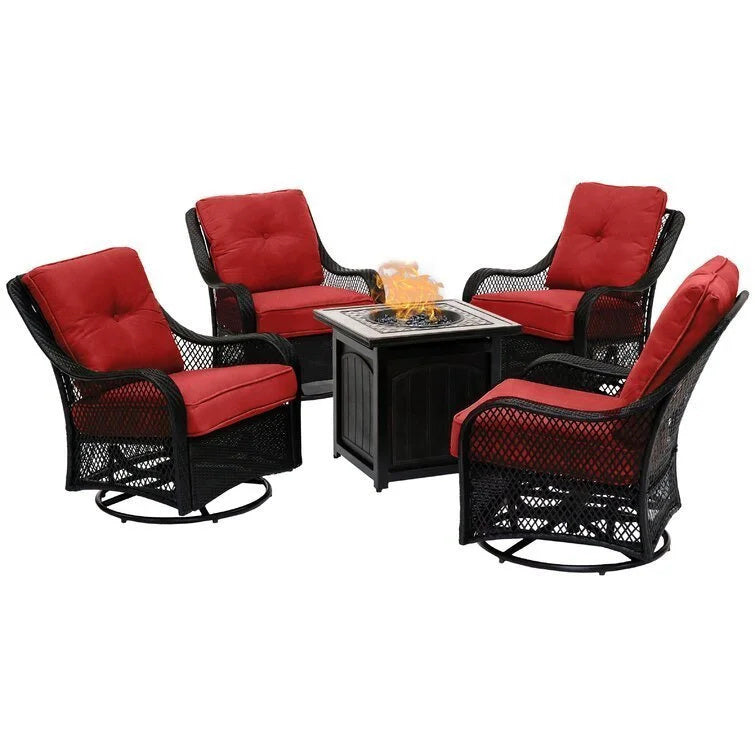 🔥Hot Sale Now🔥 Orleans 5-Piece Steel Patio Fire Pit Conversation Set with Navy Blue Cushions, Swivel Gliders and Square Fire Pit Table