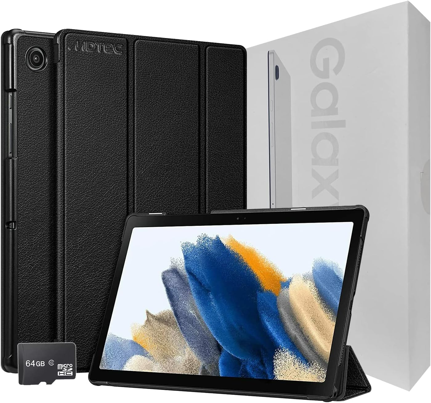 2022 Galaxy Tab A8 10.5” Inch 32 GB Wi-Fi Android 11 Touchscreen International Tablet Bundle – MDTec Hard Back Tri-Fold Stand Cover Case and 64GB microSD Card [Gray]