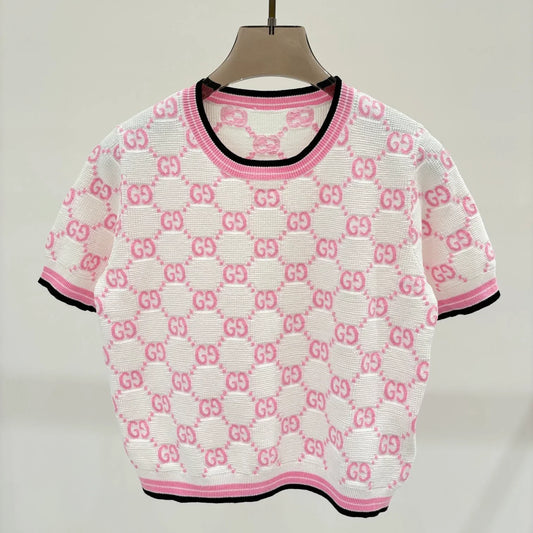 New round neck letter jacquard knit short tops 1025042214