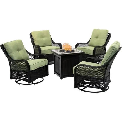 🔥Hot Sale Now🔥 Orleans 5-Piece Steel Patio Fire Pit Conversation Set with Navy Blue Cushions, Swivel Gliders and Square Fire Pit Table