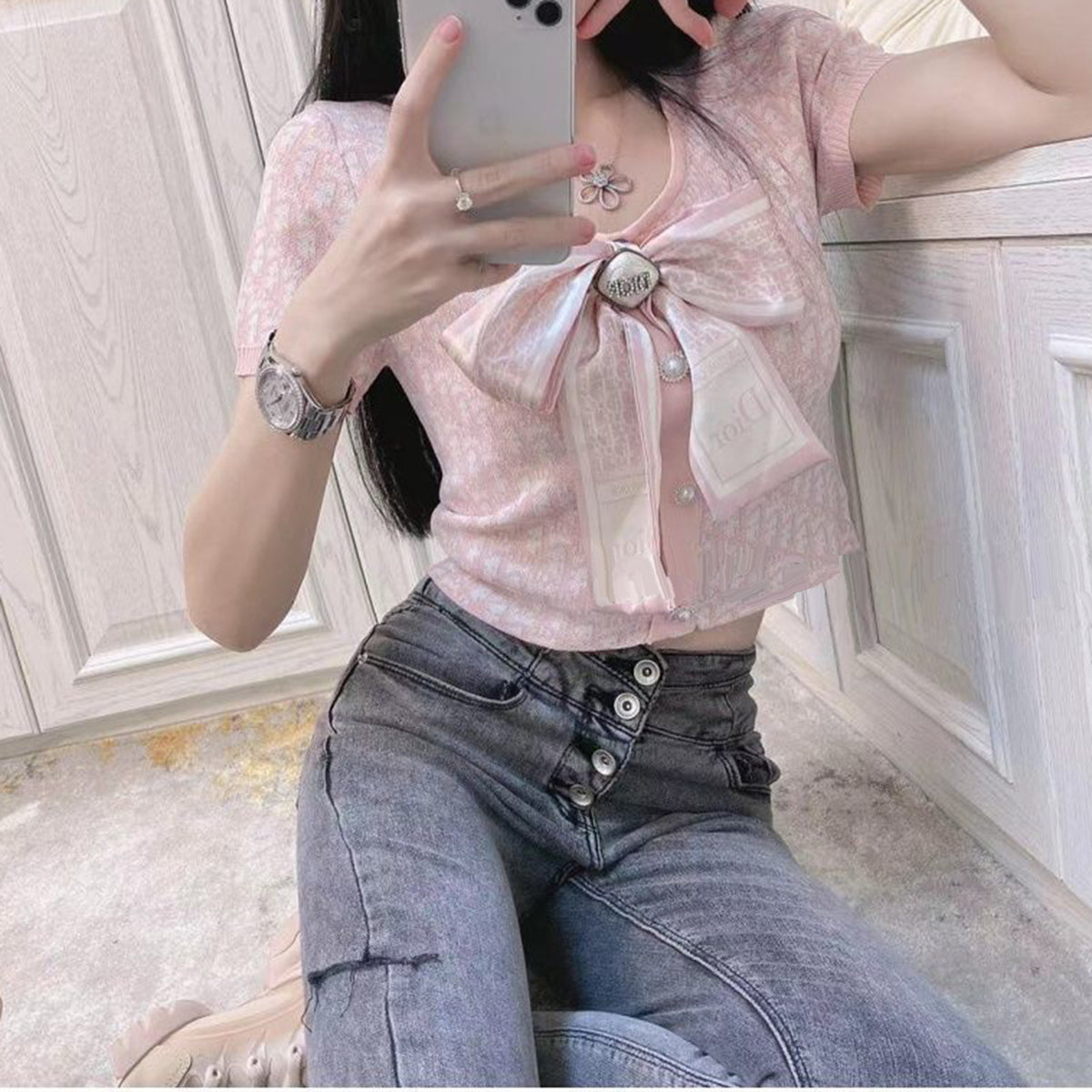 Printed Bow Brooch Short Sleeves PD10041725