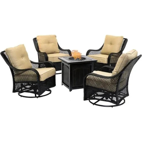 🔥Hot Sale Now🔥 Orleans 5-Piece Steel Patio Fire Pit Conversation Set with Navy Blue Cushions, Swivel Gliders and Square Fire Pit Table