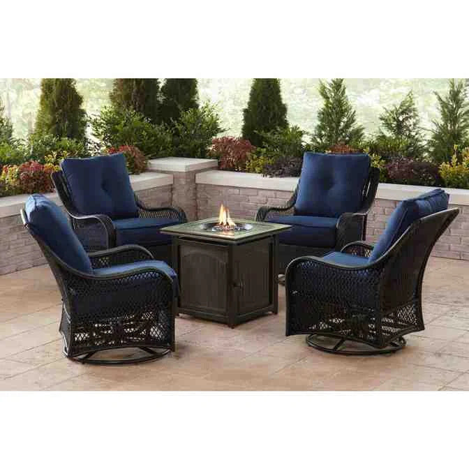 🔥Hot Sale Now🔥 Orleans 5-Piece Steel Patio Fire Pit Conversation Set with Navy Blue Cushions, Swivel Gliders and Square Fire Pit Table