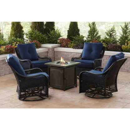 🔥Hot Sale Now🔥 Orleans 5-Piece Steel Patio Fire Pit Conversation Set with Navy Blue Cushions, Swivel Gliders and Square Fire Pit Table