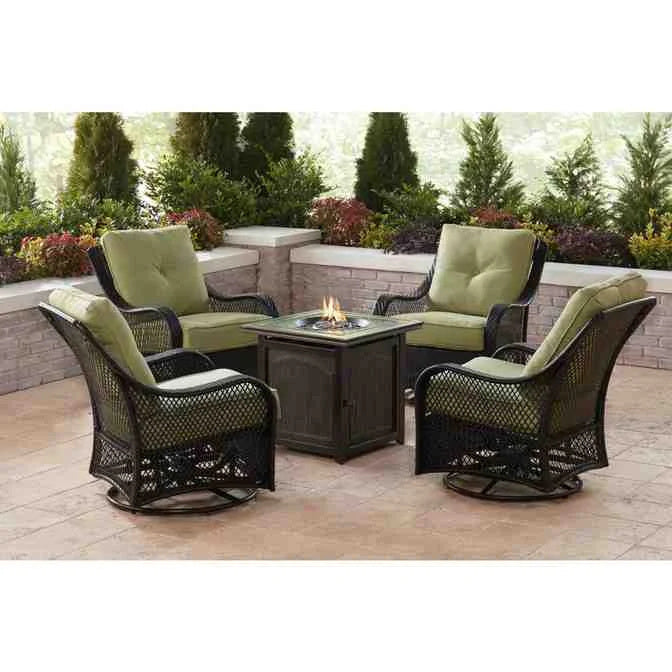 🔥Hot Sale Now🔥 Orleans 5-Piece Steel Patio Fire Pit Conversation Set with Navy Blue Cushions, Swivel Gliders and Square Fire Pit Table