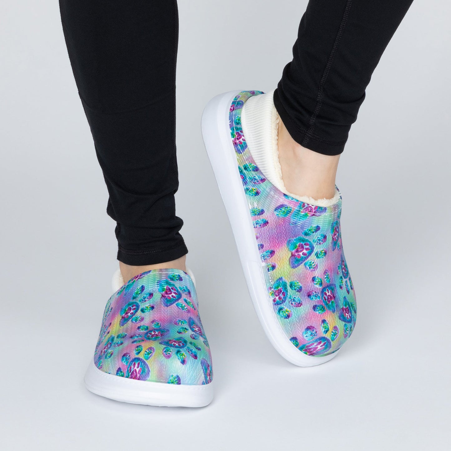 Paw Print Faux Fur Lined Slipper Shoes with Comfort Heel